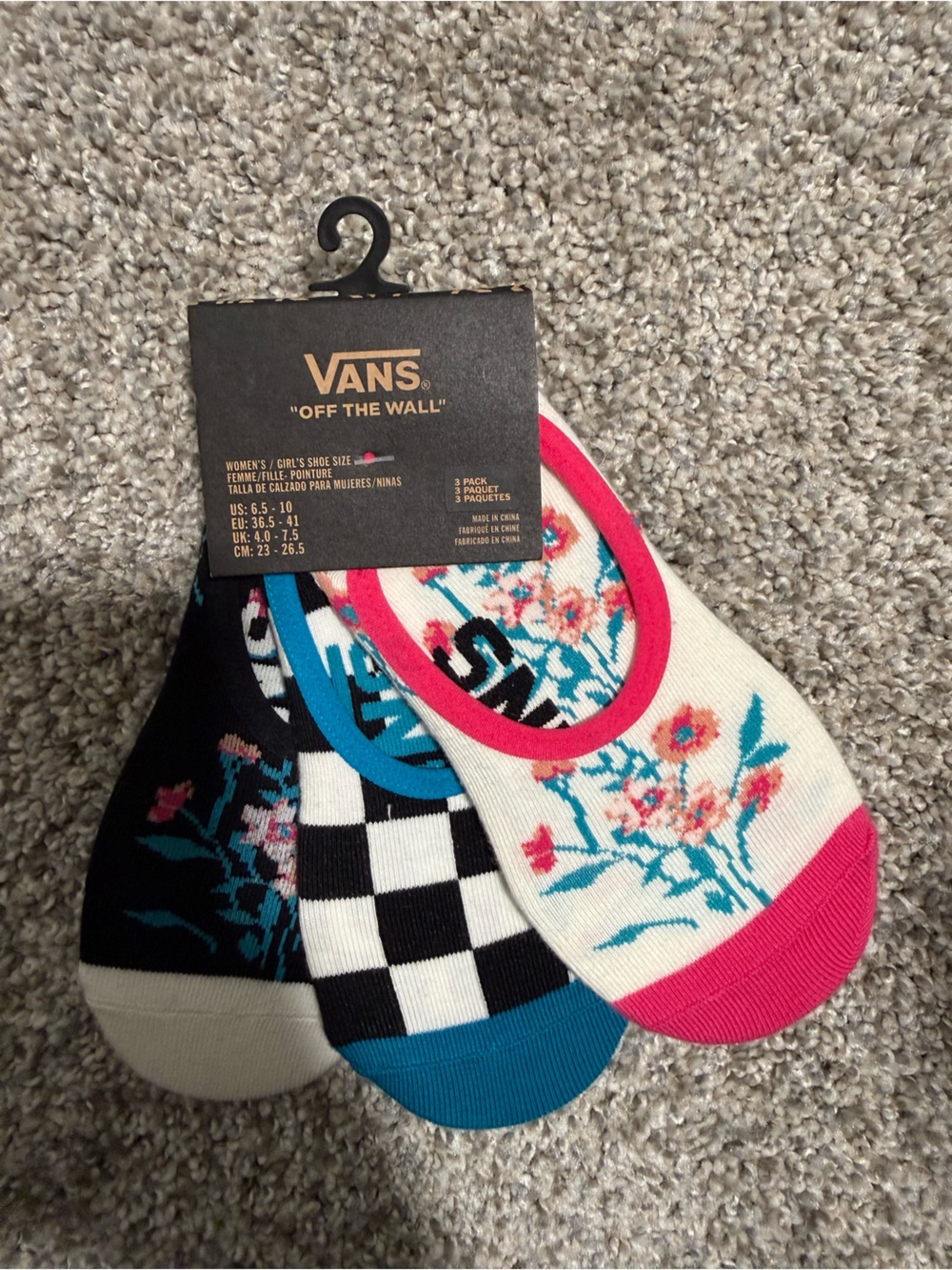 Vans Women's No-Show Sock 3-Pack — Black, White, Pink, Blue Floral & Checker